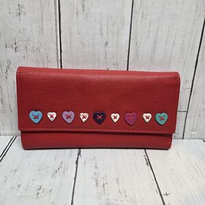 Mala Leather Red Long Wallet Colorful Heart Applique Clutch Card Holder GUC